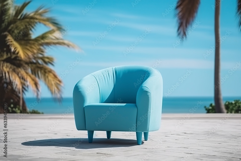 Photo of a modern light blue color armchair alone in the tropical background, Photo of a modern light blue color armchair alone in the tropical background,