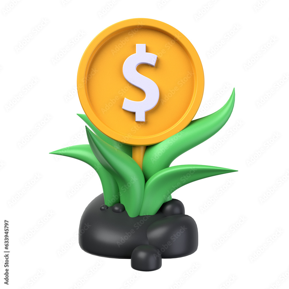 dollar plant of 3d illustration isolated on white background. Investment 3D Concept. dollar coin on green leaf plant and black stone. 3d render dollar plant of 3d illustration isolated on white background. Investment 3D Concept. dollar coin on green leaf plant and black stone. 3d render