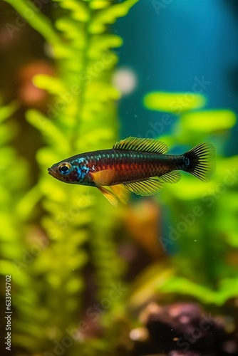 In the aquarium with plants and stones. The spinytail has a variety of color varieties including red, orange, yellow, blue and green.