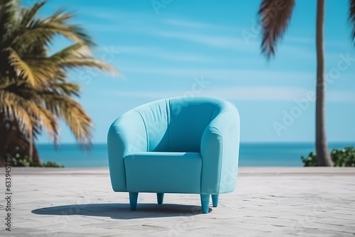 Photo of a modern light blue color armchair alone in the tropical background  