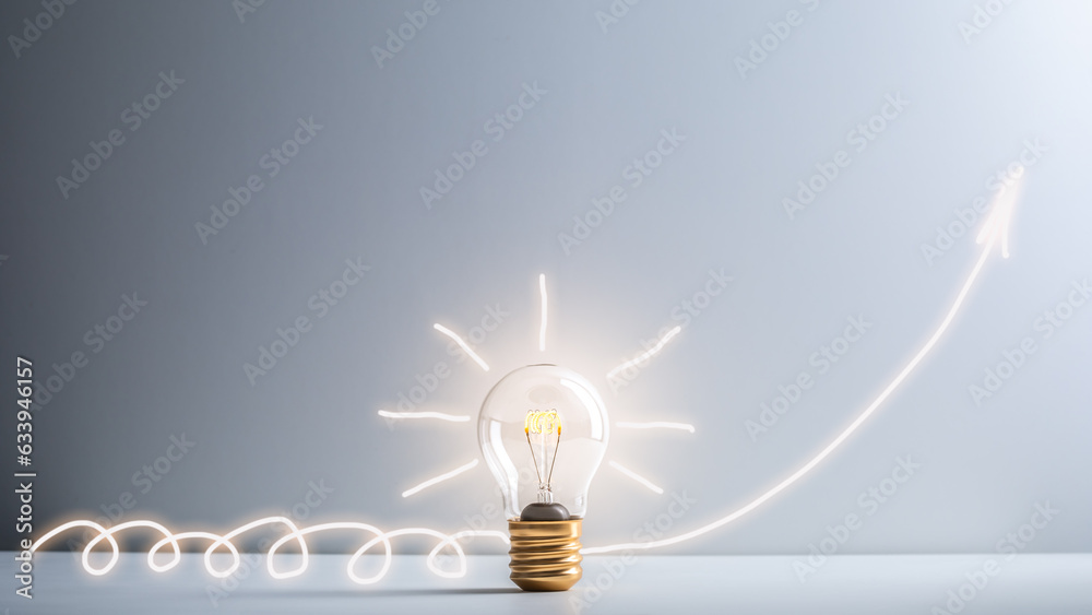 Light bulb with arrow moving up. Concept of growth after successful implementation of creative idea in business start-up - obrazy, fototapety, plakaty 