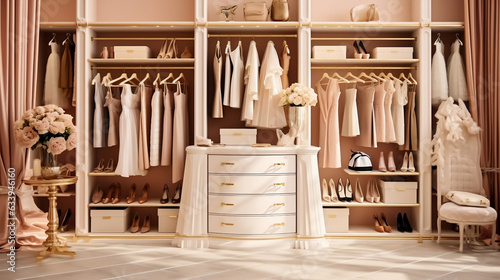 An interior of a luxury woman's wardrobe full of expensive dresses, shoes and other clothes. 