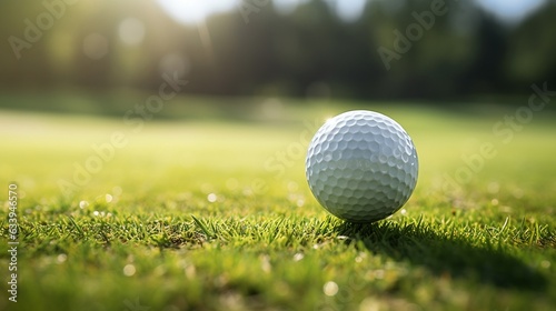 Close-up golf ball with blur green bokeh background