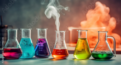chemistry experiment with Laboratory flasks. AI Generative
