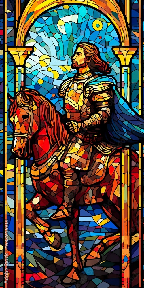 A Knight in Shining Armor. An Illustration of a Mythical Ancient Paladin in Stained Glass Renaissance Fresco Style. AI Generative