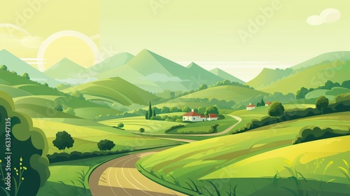 Green Rolling Hills in the Background, Paved Road in the Foreground. AI Generative