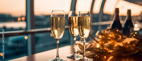 Luxury evening party on a cruising yacht with a champagne setting. Champagne glasses and bottles with champagne with bokeh yacht in the background, nobody. 