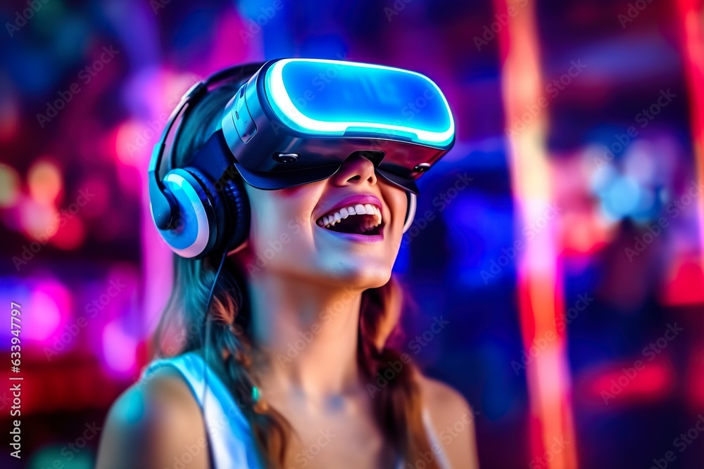 Portrait of a smiling woman in casual clothes wearing Virtual Reality glasses, and playing, neo light, blurred neo color background, Portrait of a smiling woman in casual clothes wearing Virtual Reality glasses, and playing, neo light, blurred neo color background,