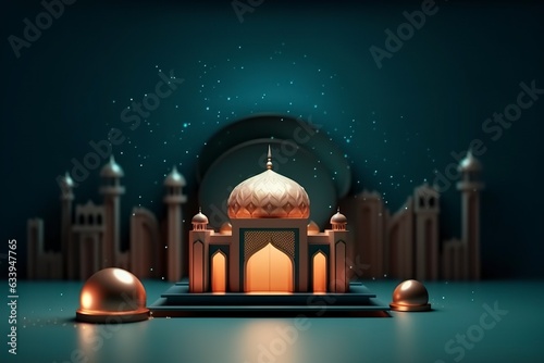 Illustration of eid Mubarak night with light of a lamp, paper style, luxury happy Eid background. photo