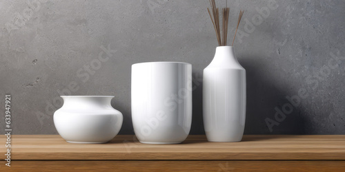 Photorealistic assorted unique shape white pottery on the table with wall in the background