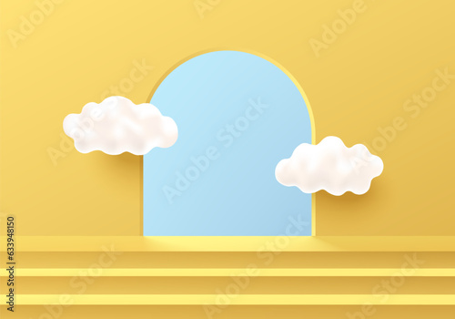 3D podium background. Yellow steps pedestal stair with cloud and blue sky scene in arch gate. Abstract composition in minimal design. Platforms cosmetic product display presentation. Stage showcase.