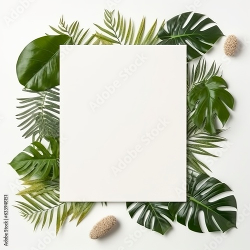 Frame with leaves.  Summer tropical leaves and blank frame with copy space on white background.  © ANNY