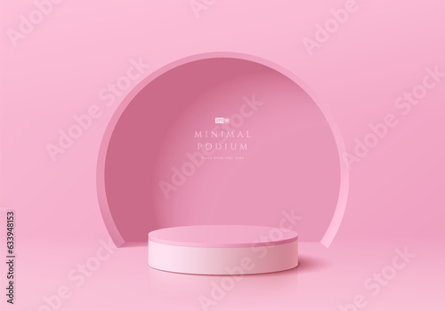 3D podium background with realistic pink cylinder pedestal and round circle window wall scene. Abstract composition in minimal design. Platforms cosmetic product display presentation. Stage showcase.