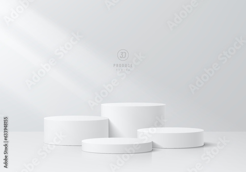 3D podium background. Realistic level white cylinder pedestal set with light and shadow wall scene. Abstract composition in minimal design. Platforms for product display presentation. Stage showcase.