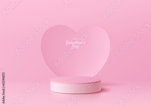 Valentine 3D background with pink cylinder pedestal podium and pastel hearts shape backdrop wall scene. Abstract composition in minimal design. Platforms cosmetic product presentation. Stage showcase.