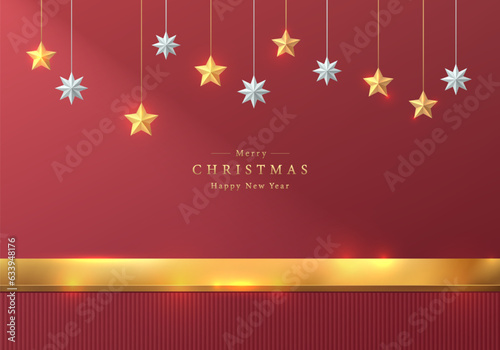 3D wall scene background with realistic red table stand product podium with golden star and christmas elements. Abstract composition in minimal design. Platforms christmas product display presentation