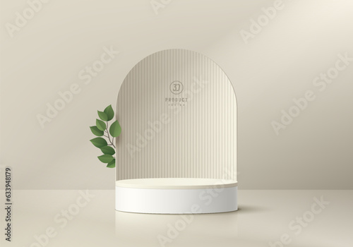 3D podium background. Realistic cream cylinder pedestal with arch backdrop scene and green leaf. Abstract composition in minimal design. Platforms cosmetic product display presentation. Stage showcase