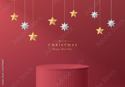 3D christmas background. Red cylinder pedestal podium with golden star and christmas elements scene. Abstract composition in minimal design. Platforms for product display presentation. Stage showcase.