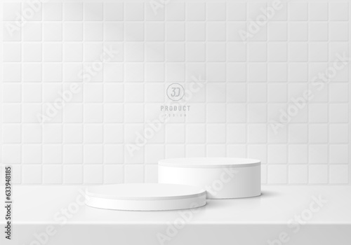 3D podium background. Realistic white cylinder pedestal set with white square tile wall scene. Abstract composition in minimal design. Platforms cosmetic product display presentation. Stage showcase.
