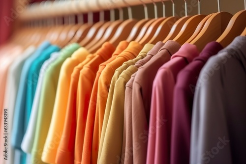 Colorful clothes on a clothing rack, pastel colorful closet in a shopping store or bedroom, rainbow color clothes choice on hangers, home wardrobe concept image. 