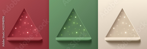 Set of 3D abstract with red, cream and green podium or shelf tables. Neon light bulb in triangle window background. Mockup product display. Mery christmas, New year minimal wall scene. Stage showcase.