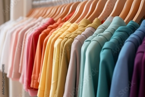 Colorful clothes on a clothing rack, pastel colorful closet in a shopping store or bedroom, rainbow color clothes choice on hangers, home wardrobe concept image. 