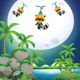 Raccoons Flying on Sky with Nature Scene Vector Illustration