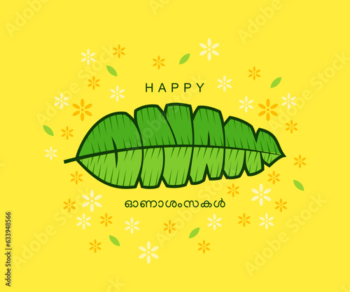 Kerala, Indian holiday. Happy Onam hand drawn English creative lettering or typography illustration for greeting card, banner, poster, label, tag. banana leaf concept.