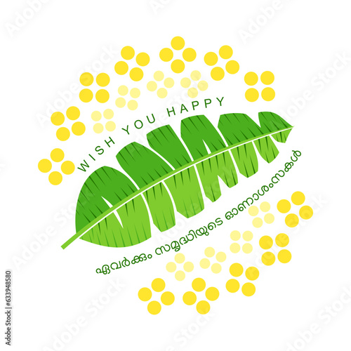 Onam wishes 01 FINAL.cdrKerala, Indian holiday. Happy Onam hand drawn English creative lettering or typography illustration for greeting card, banner, poster, label, tag. banana leaf concept.