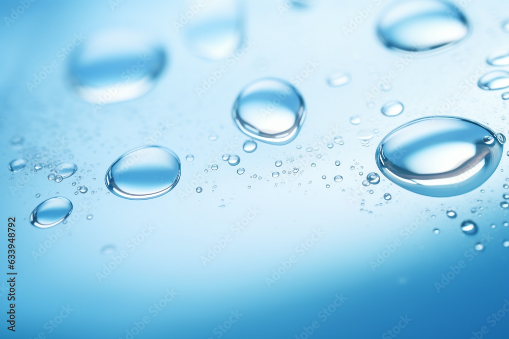 Close up of water with bubbles on a blue background for cosmetic background.Created with Generative AI technology.