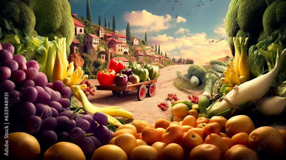 Vegetables natural farm background with a giant vegetables and fruits   - obrazy, fototapety, plakaty 