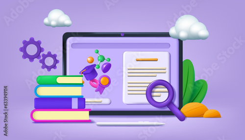 3D education. School web class. Internet course. Digital tablet. Students e-learning at home. Pen and magnifier. Books stack. Online studying and examination. Vector realistic illustration