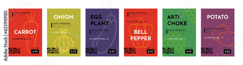 Food label. Agriculture products. Vegetables selling stickers abstract design. Vegan diet posters. Price icons and barcode. Onion or carrot prints. Grocery banners set. Vector background