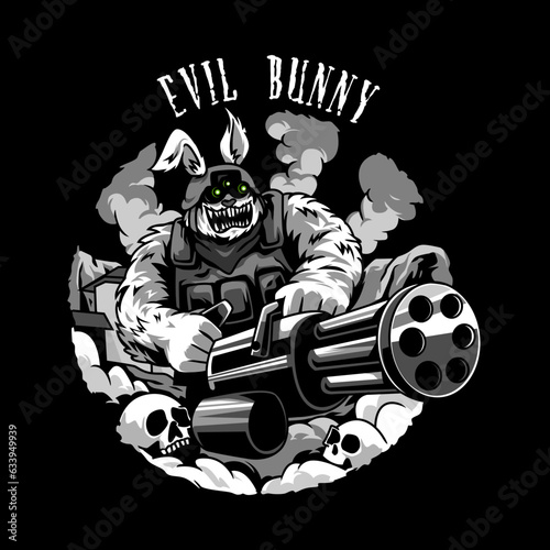 Big, spooky and evil bunny wear military gear holding machine gun, minigun. suitable for t-shirt design, merchandise. concept of halloween, horror, skull. graphic vector illustration.