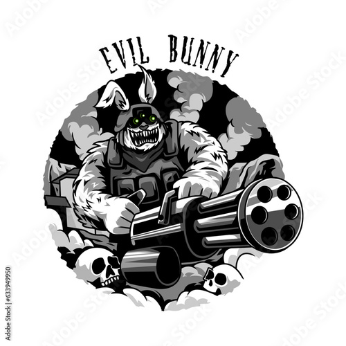 Big, spooky and evil bunny wear military gear holding machine gun, minigun. suitable for t-shirt design, merchandise. concept of halloween, horror, skull. graphic vector illustration. photo