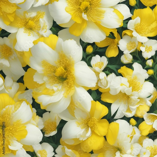 A close-up of a yellow flower pattern background with white flowers. AI-Generated.