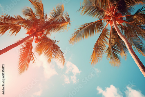  palm trees reaching for the sky against a backdrop of clear blue heavens. The sun cast a gentle glow  creating a warm and inviting atmosphere. The palm leaves can sway softly in the breeze. summer.