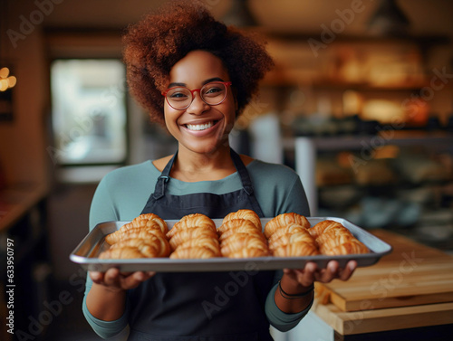 Woman baker holding tray of bread Black people smile greeting bakery shop business concept