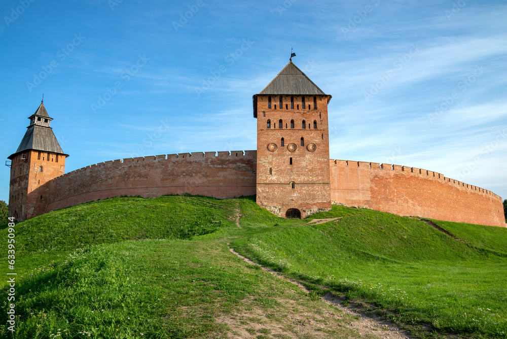 At the walls of the Kremlin of Veliky Novgorod on a summer day. Russia