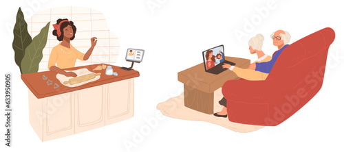 Culinary vlog online, senior people video chat