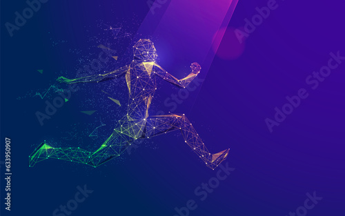 concept of sport science technology, polygon runner jumping with futuristic element