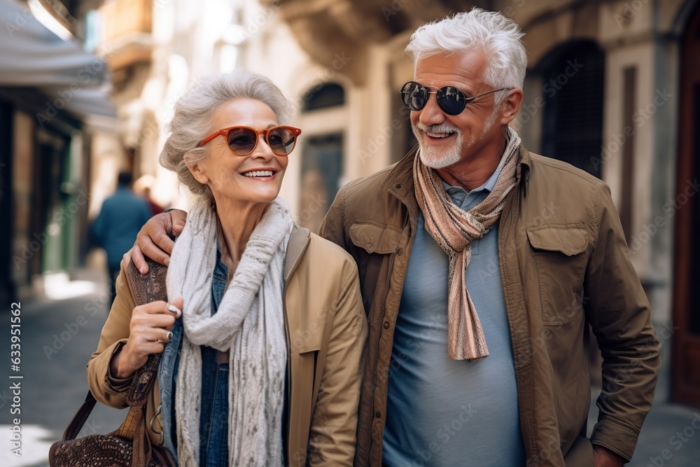 elegant senior couple gray-haired tourists with travel bags elegant senior couple gray-haired tourists with travel bags