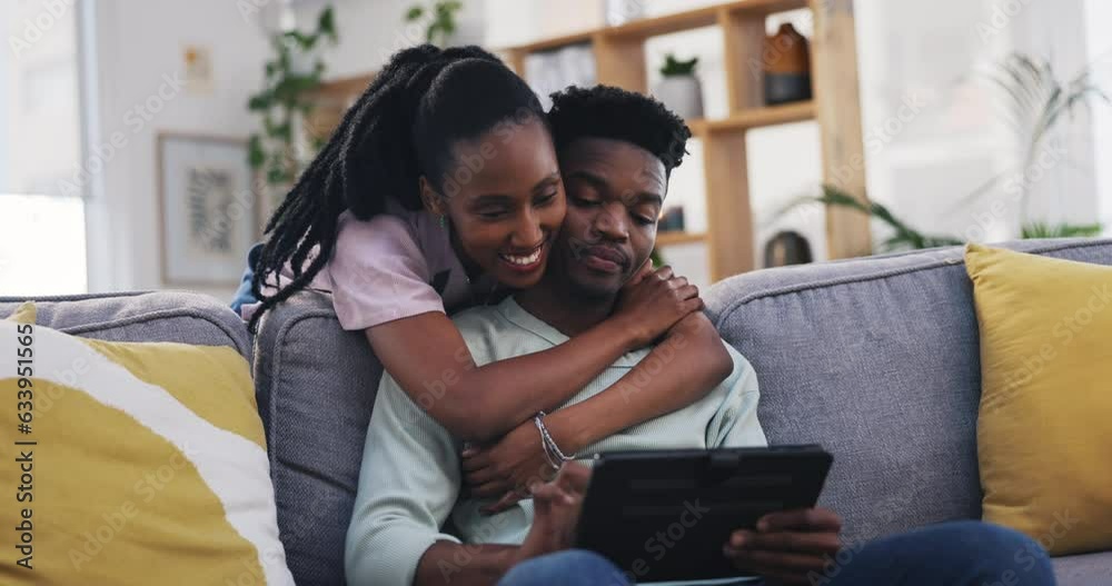 Tablet, hug or happy black couple online shopping on internet connection for ecommerce at home. Love, search or woman speaking to an African man streaming on subscription service to relax together Tablet, hug or happy black couple online shopping on internet connection for ecommerce at home. Love, search or woman speaking to an African man streaming on subscription service to relax together