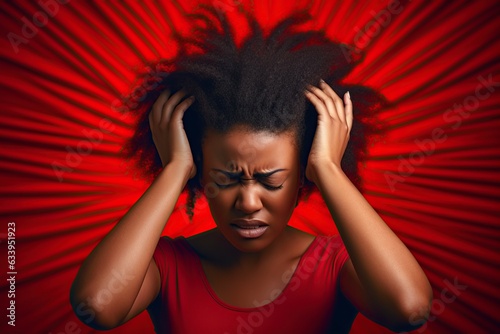 black woman model with stress and a headache holding her head with her hands in the studio