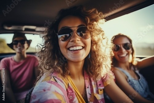 young woman traveling sightseeing with her friends by car