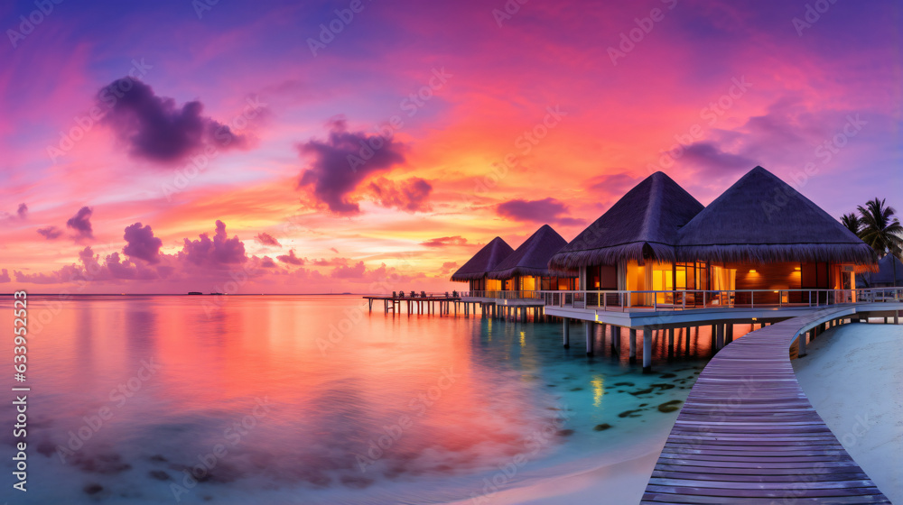 Amazing sunset panorama at Maldives. Luxury resort view