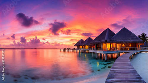 Amazing sunset panorama at Maldives. Luxury resort view