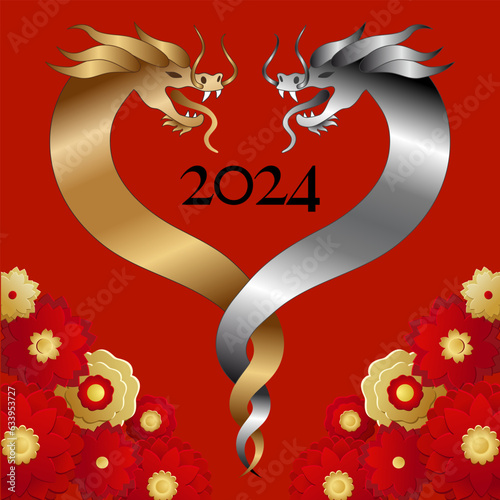 2024 - nouvel an chinois, carte de vœux avec 2 dragons, or et argent, enlacés afin de former un cœur - fond rouge décoré de fleurs or et rouge.