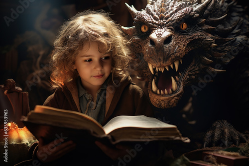 Young boy discovering magic in a book about dragons. Generative AI. © Inge