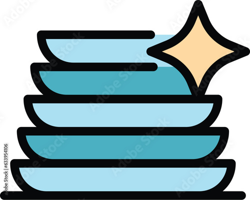 Clean dish stack icon outline vector. Wash label. Liquid detergent color flat